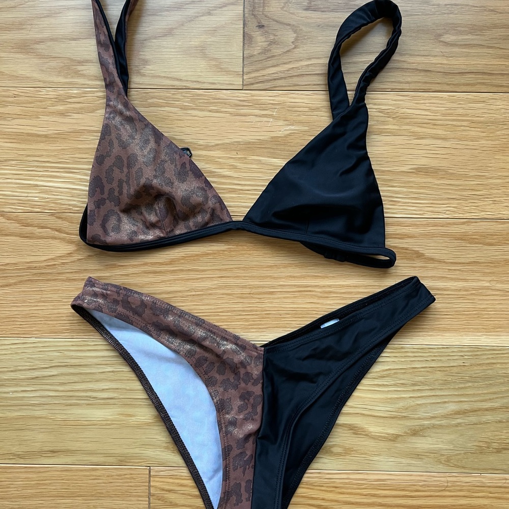 Reformation Modern Black and Brown Triangle Bikini Set